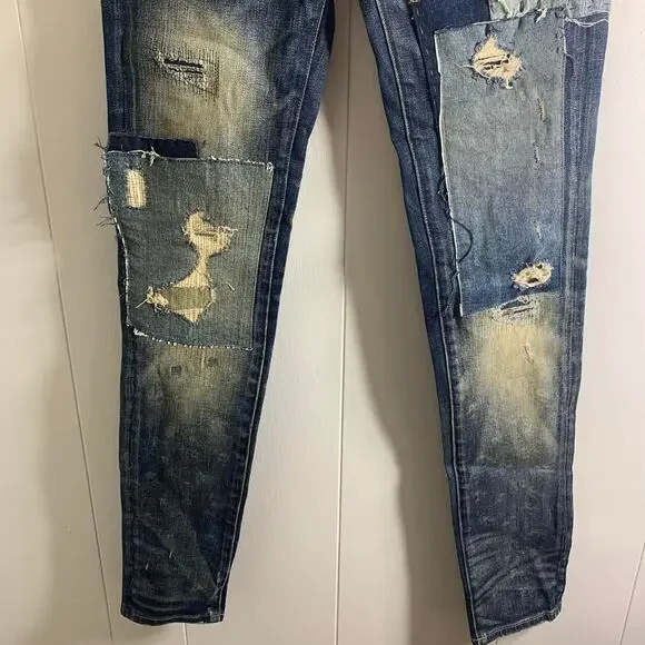 vintage 2000s POLO RALPH LAUREN TOMPKINS SKINNY distressed denim jeans bottom 26 - Picture 3 of 8